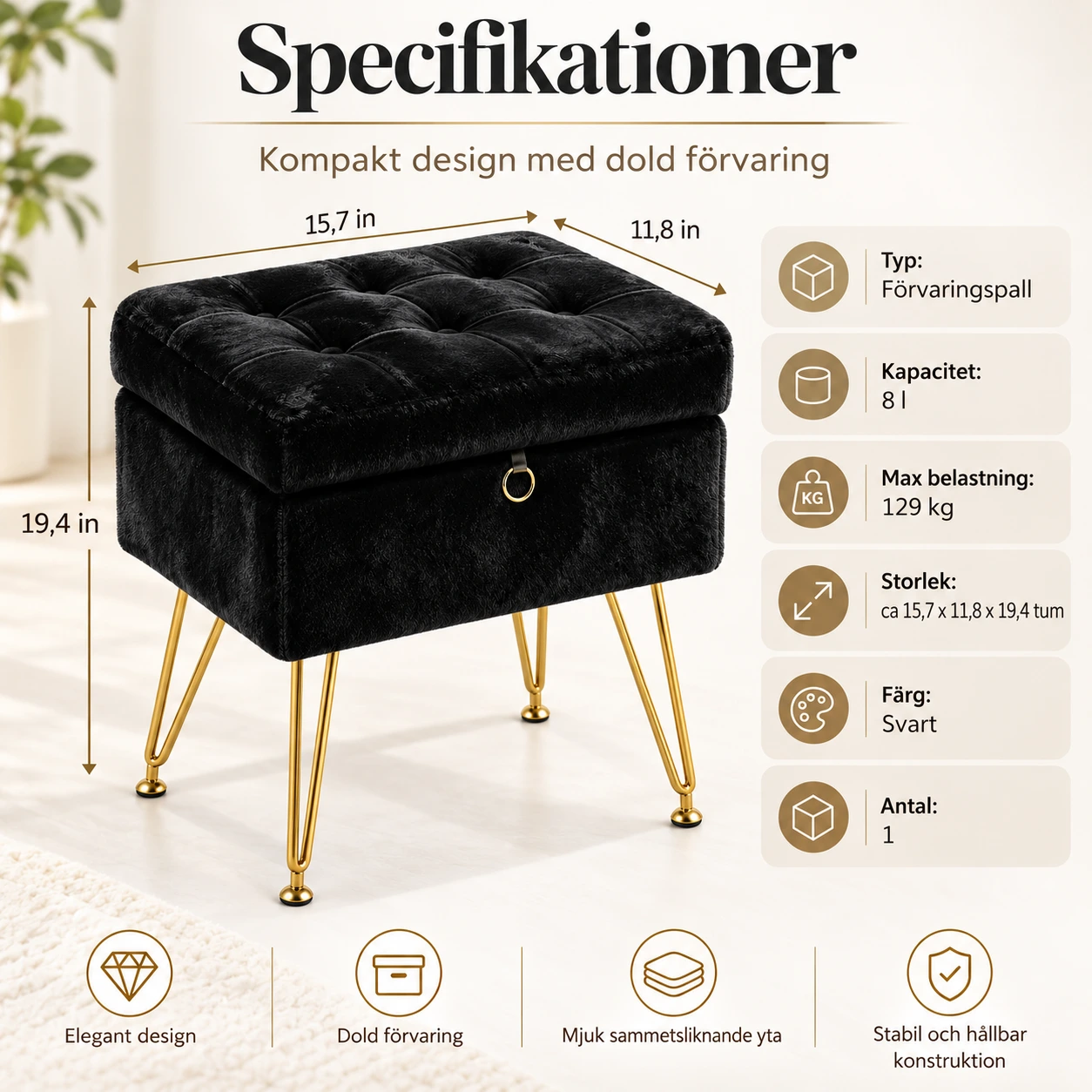 Säilytysrahi kannella ja kullanvärisillä jaloilla, 8 l
