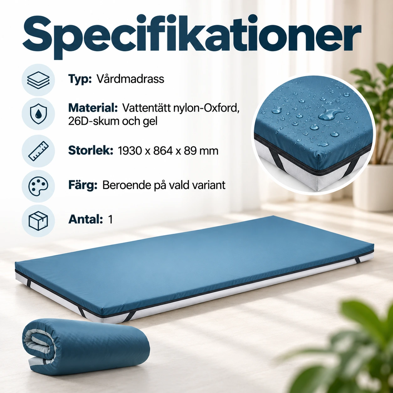 Vårdmadrass för sjukhussäng 193 x 86 x 8,9 cm