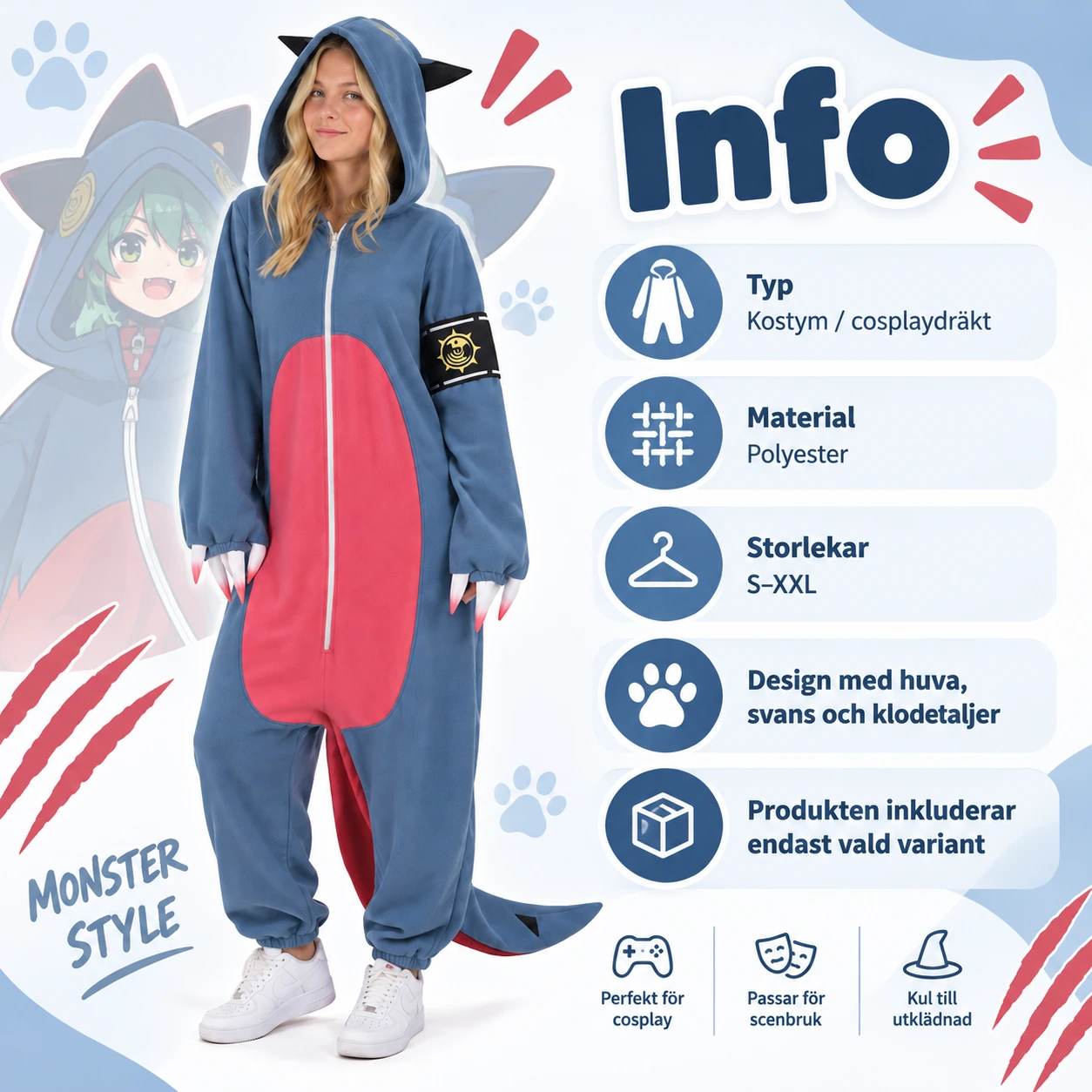 Blå Anime Monster Helkroppsdräkt med Luva