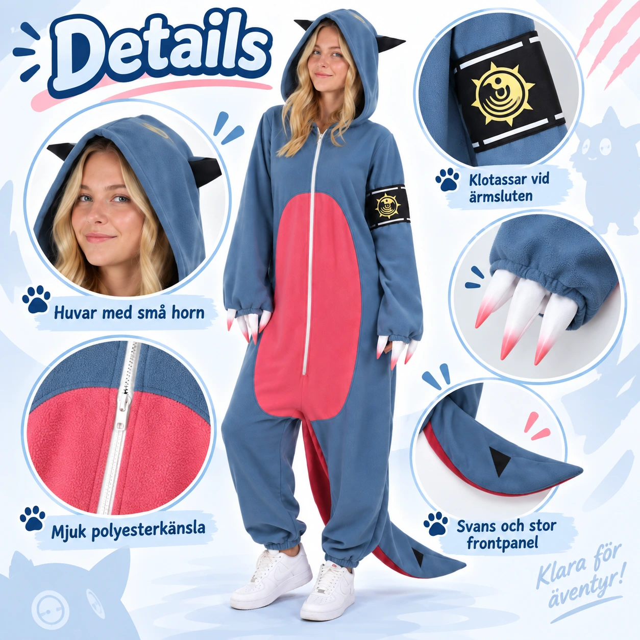 Blå Anime Monster Helkroppsdräkt med Luva