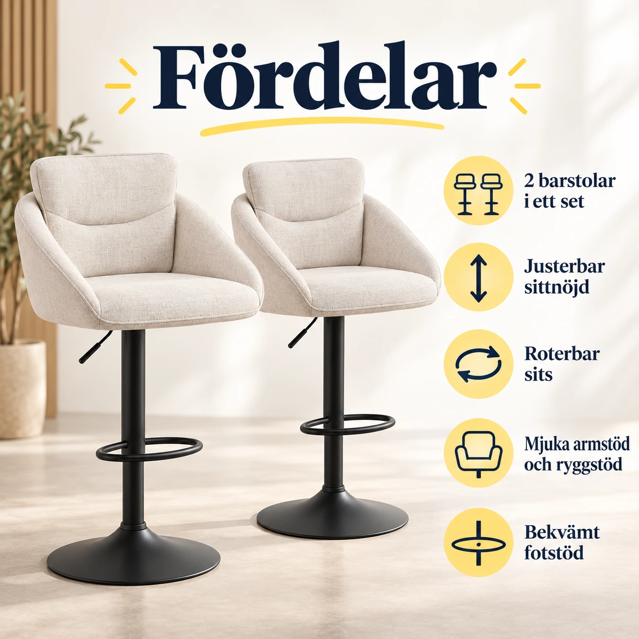 Barstolar för kök och bardisk med höjdjustering, 2-pack