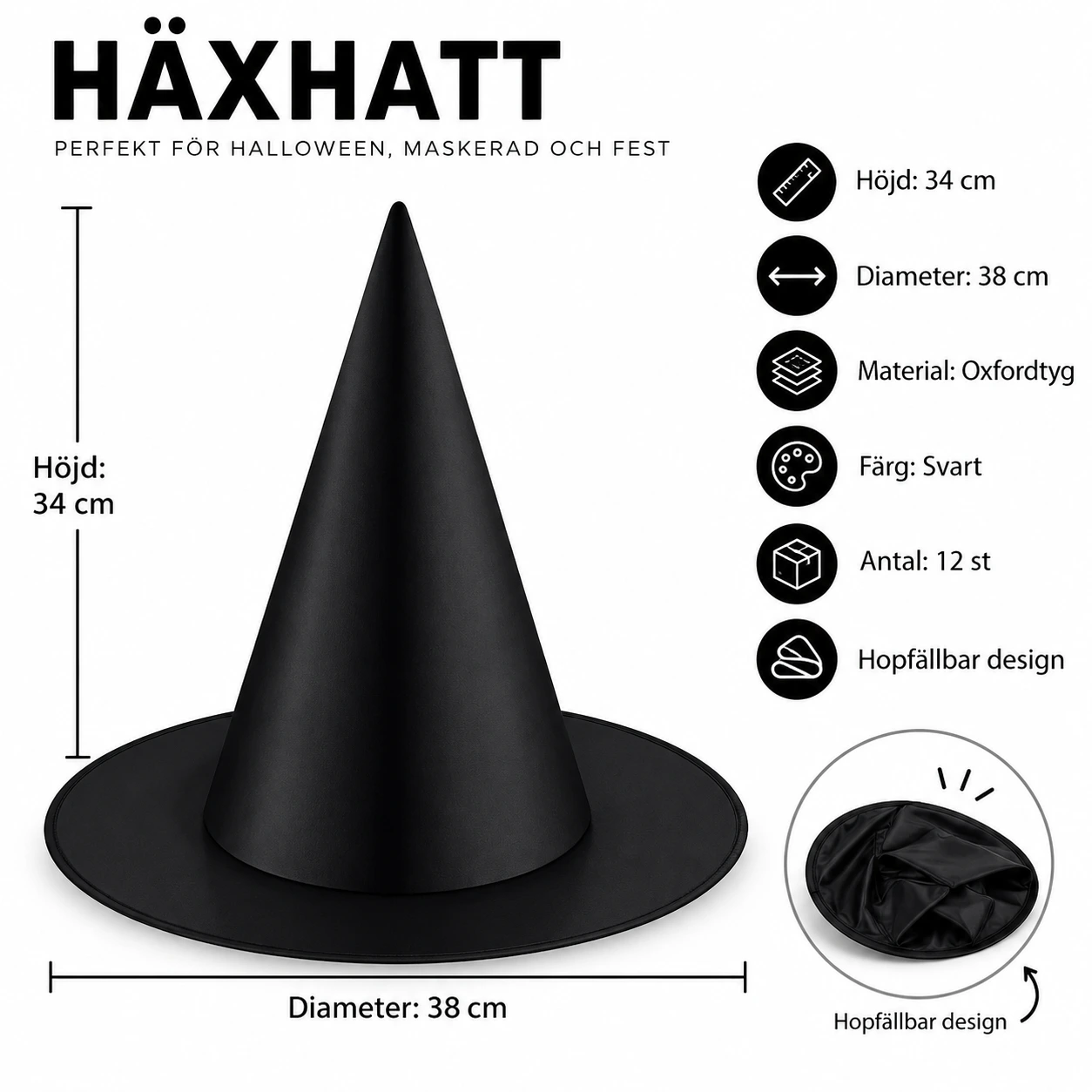 Häxhattar för Halloween och maskerad 12-pack