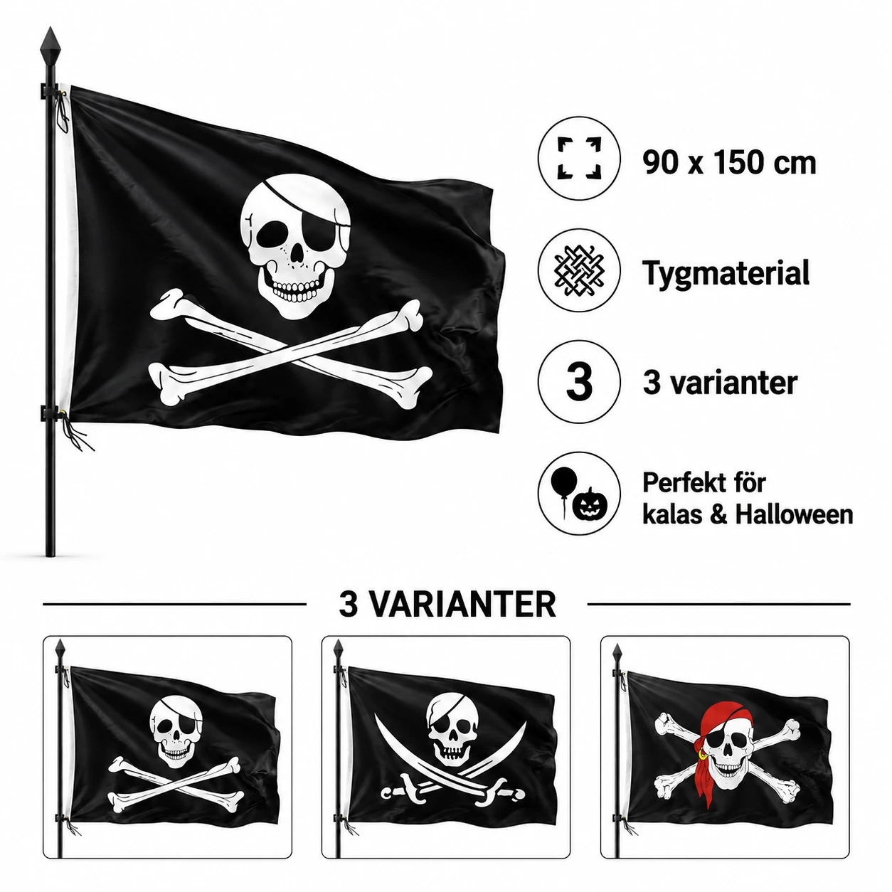 Piratflagga – Tygflagga för Kalas & Halloween