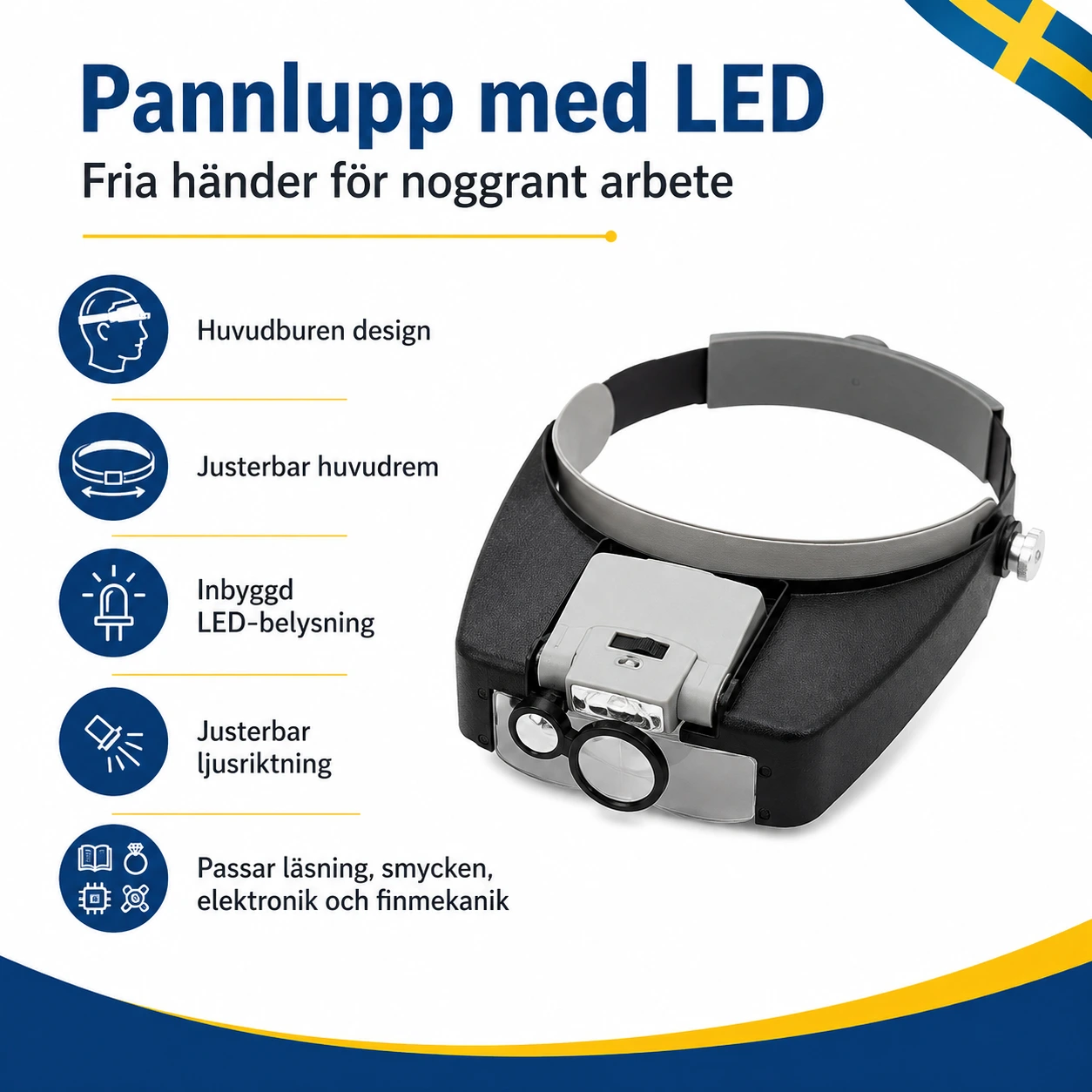 Pannlupp med LED för läsning och finmekaniskt arbete