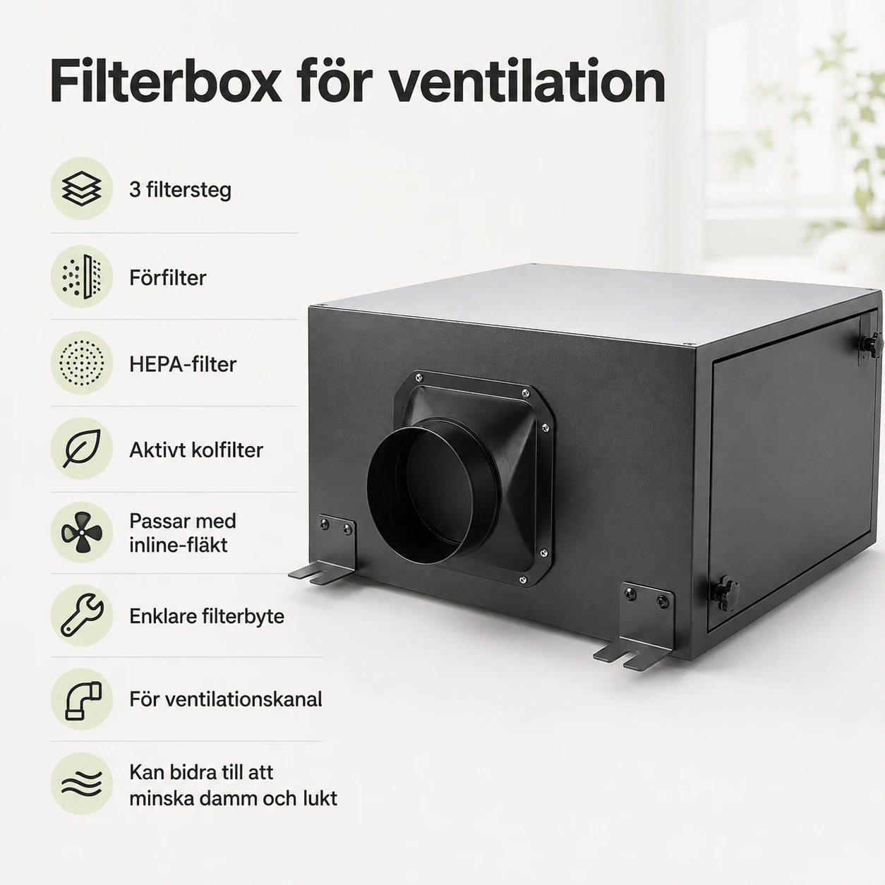 Filterbox för ventilation med förfilter, HEPA och kolfilter