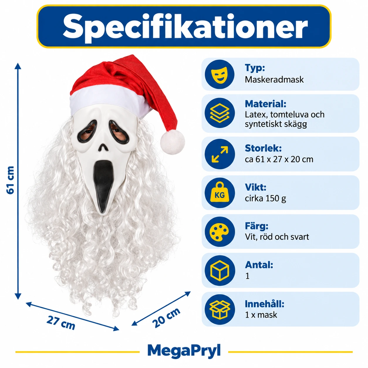 Skrikmask med tomteluva och vitt skägg för maskerad