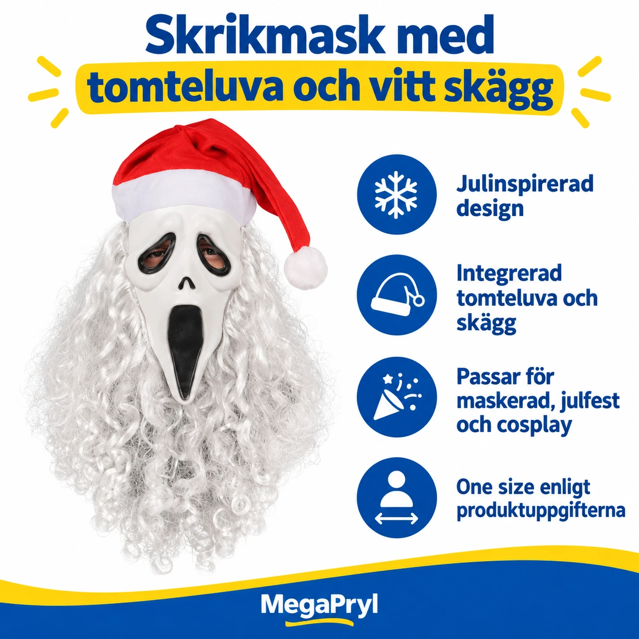 Skrikmask med tomteluva och vitt skägg för maskerad
