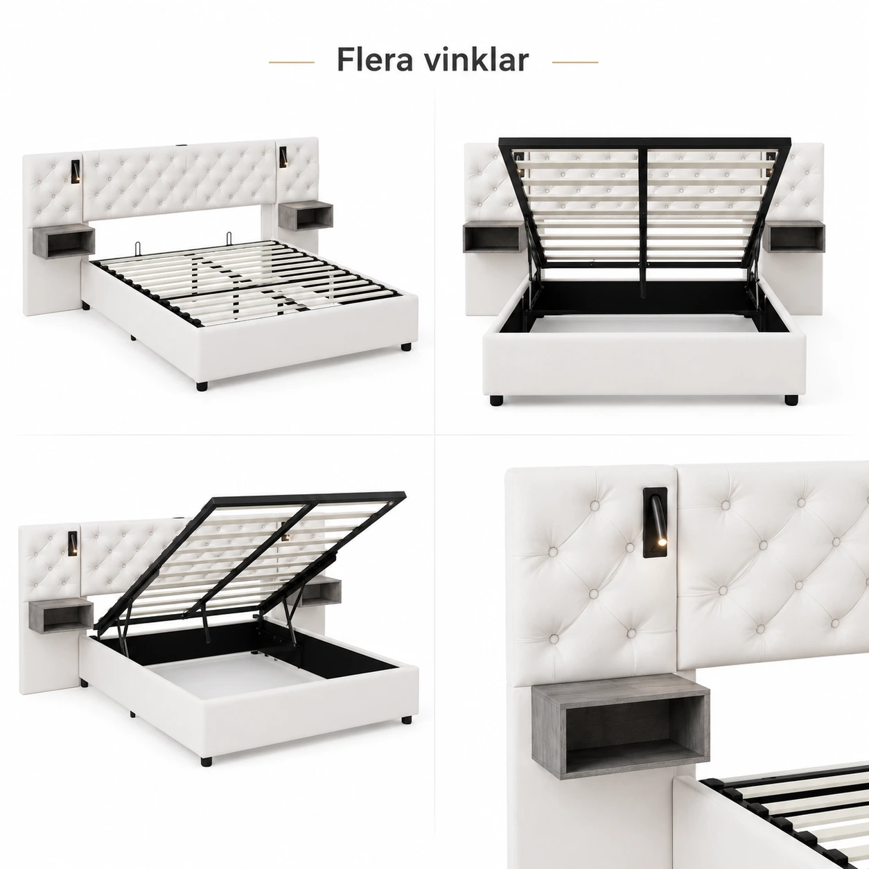 Förvaringssäng med Hög Gavel, LED, USB och Sängbord