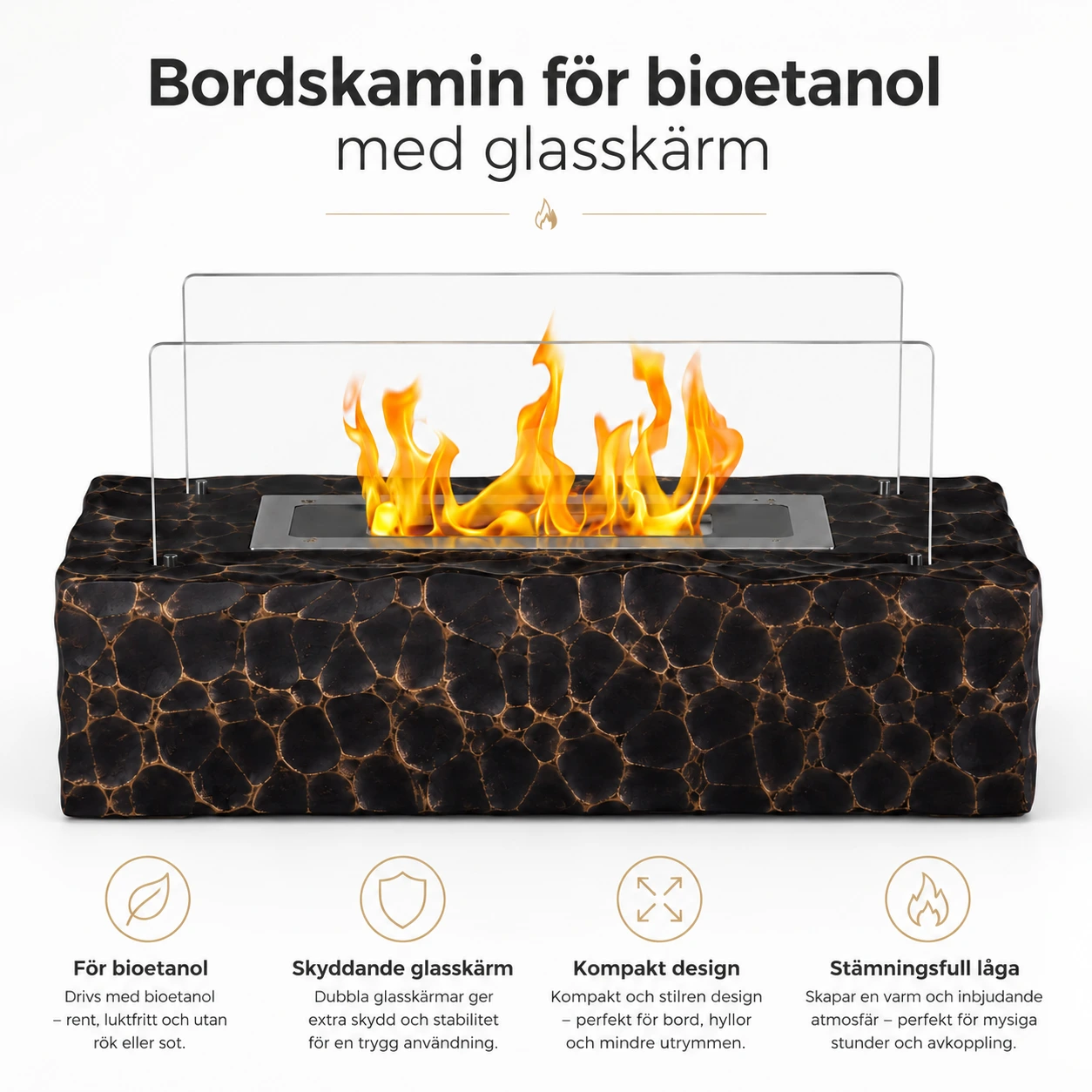 Bordskamin för bioetanol med glasskärm