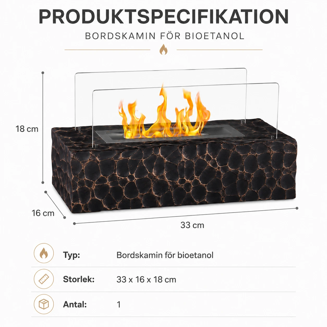 Bordskamin för bioetanol med glasskärm