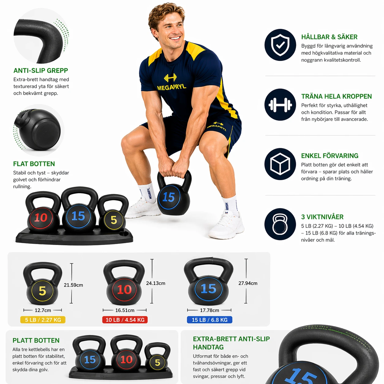 Kettlebell Set – 3 Vikter & Anti-Slip Grepp Träning