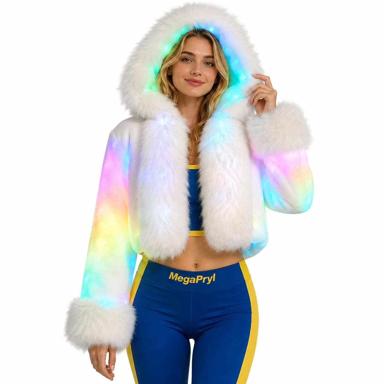 Lysande faux fur-jacka med huva för dam