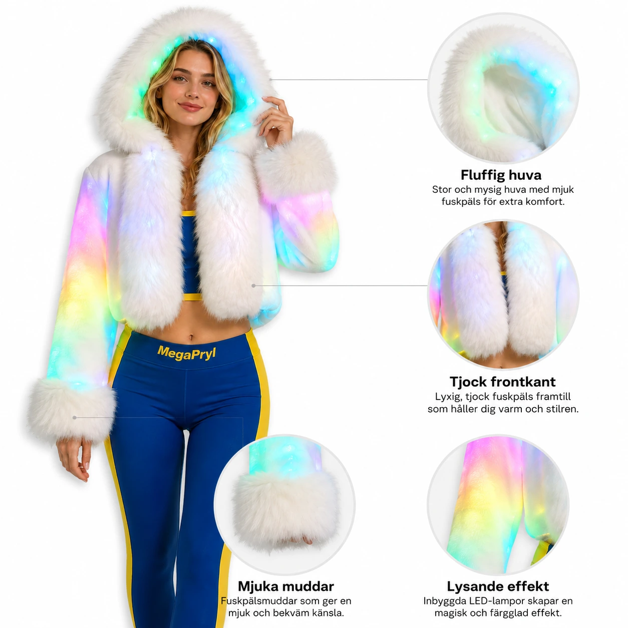 Lysande faux fur-jacka med huva för dam