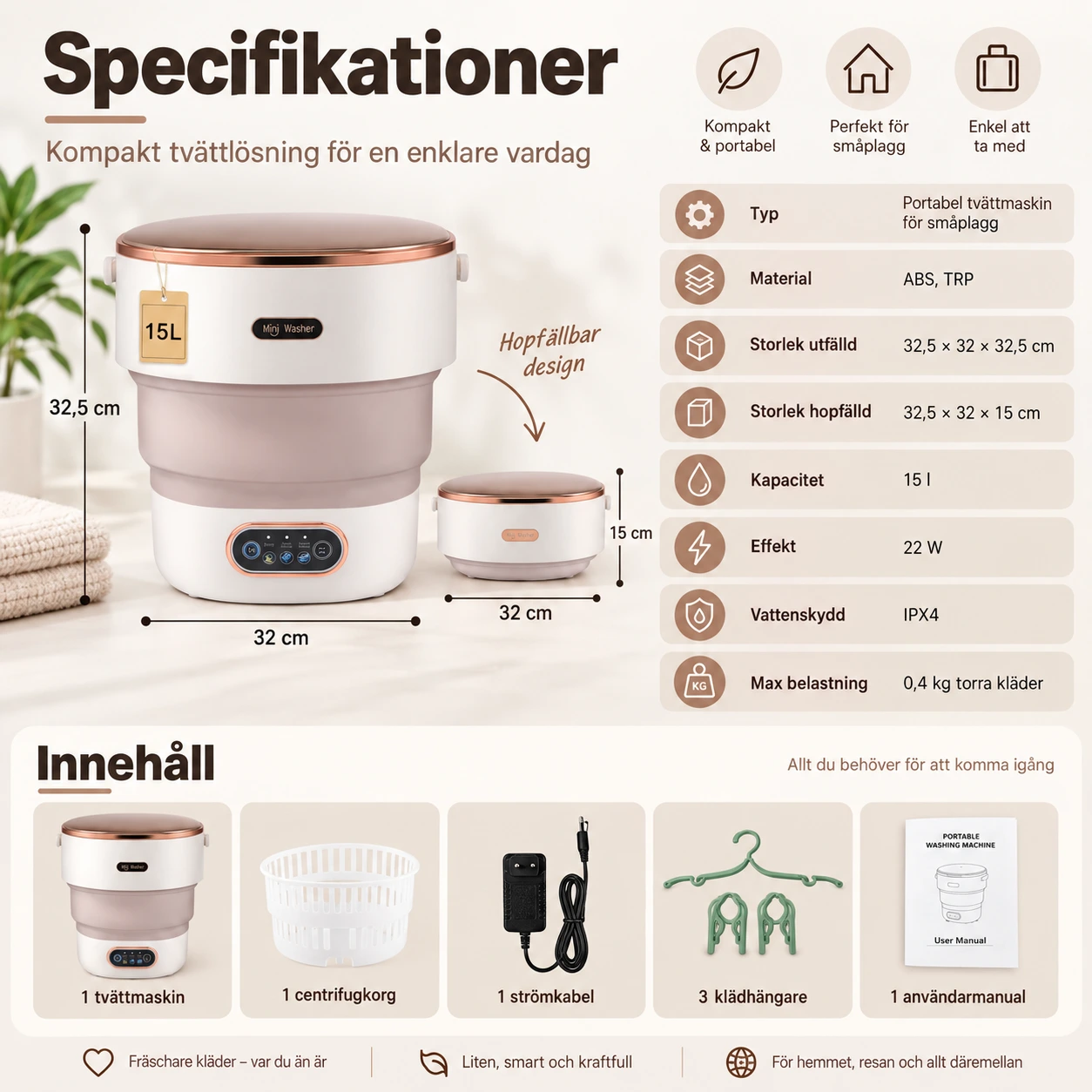 Portabel tvättmaskin för småplagg, hopfällbar 15 l