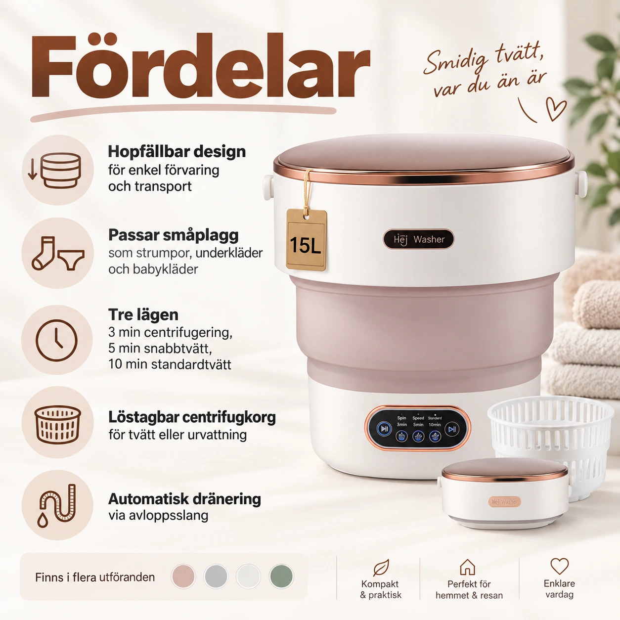 Portabel tvättmaskin för småplagg, hopfällbar 15 l