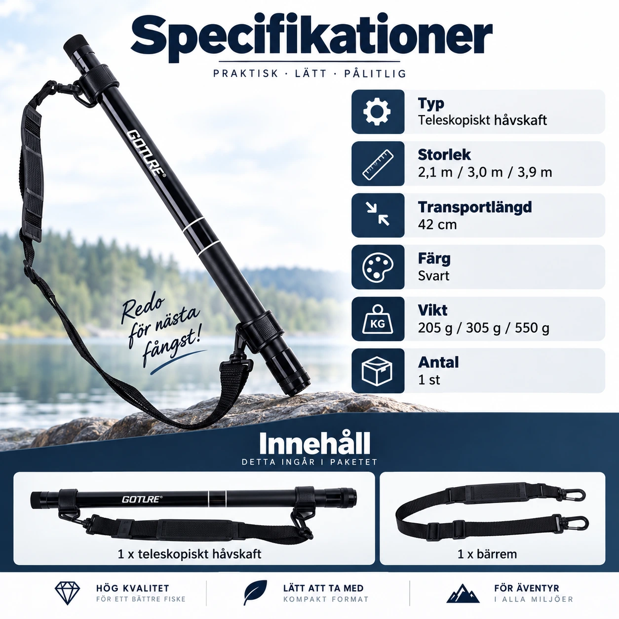 Teleskopiskt håvskaft för fiskehåv med bärrem