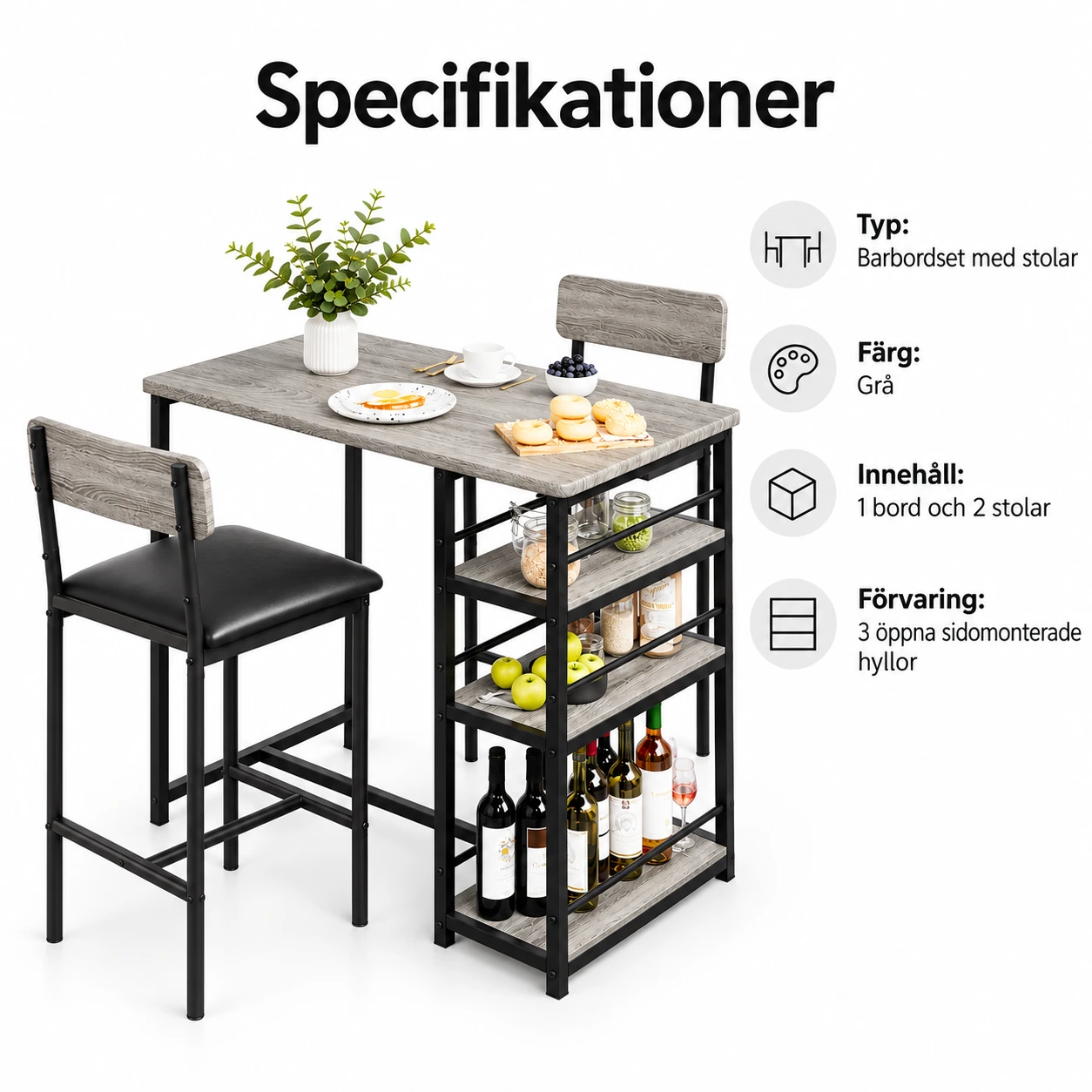 Barbordsett for 2 personer med 3 hyller og stoler