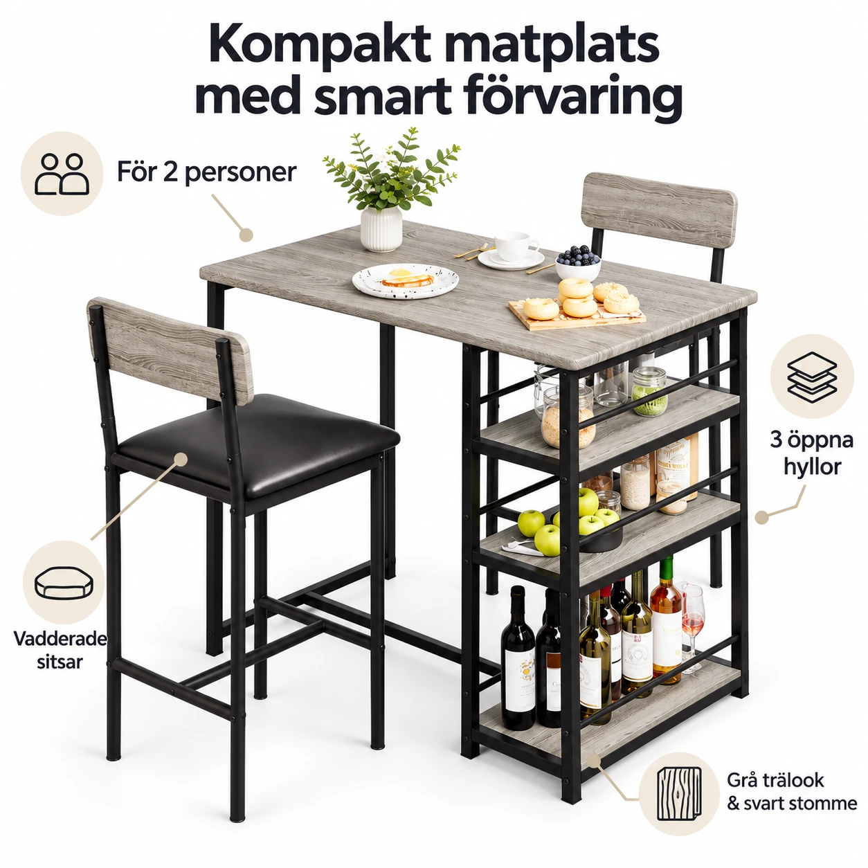 Barbordsett for 2 personer med 3 hyller og stoler