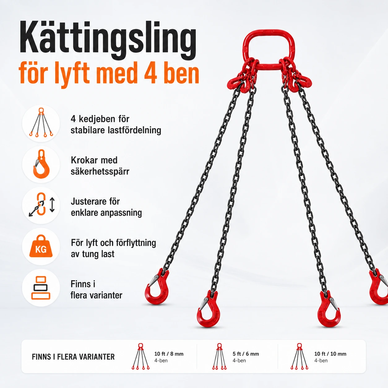 Kättingsling för lyft med 4 ben och krokar