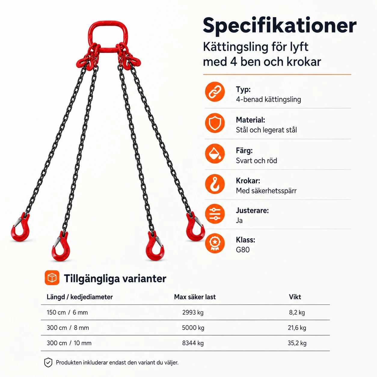 Kättingsling för lyft med 4 ben och krokar
