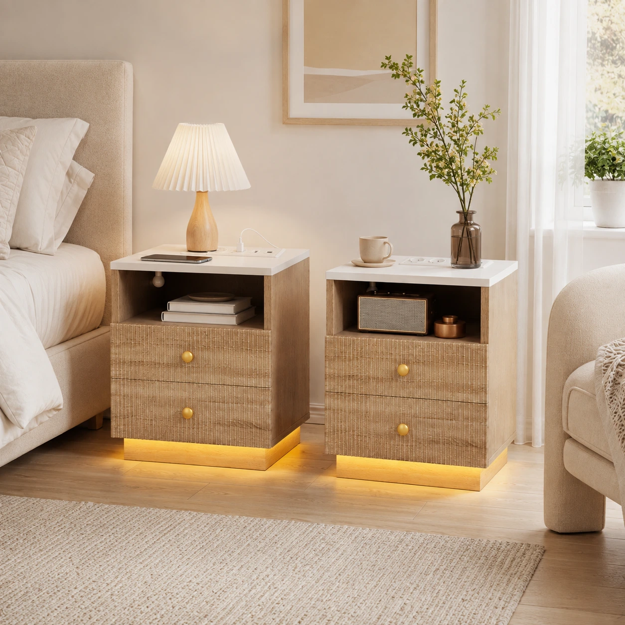 Sängbord 2-pack med ladduttag, LED och 2 lådor