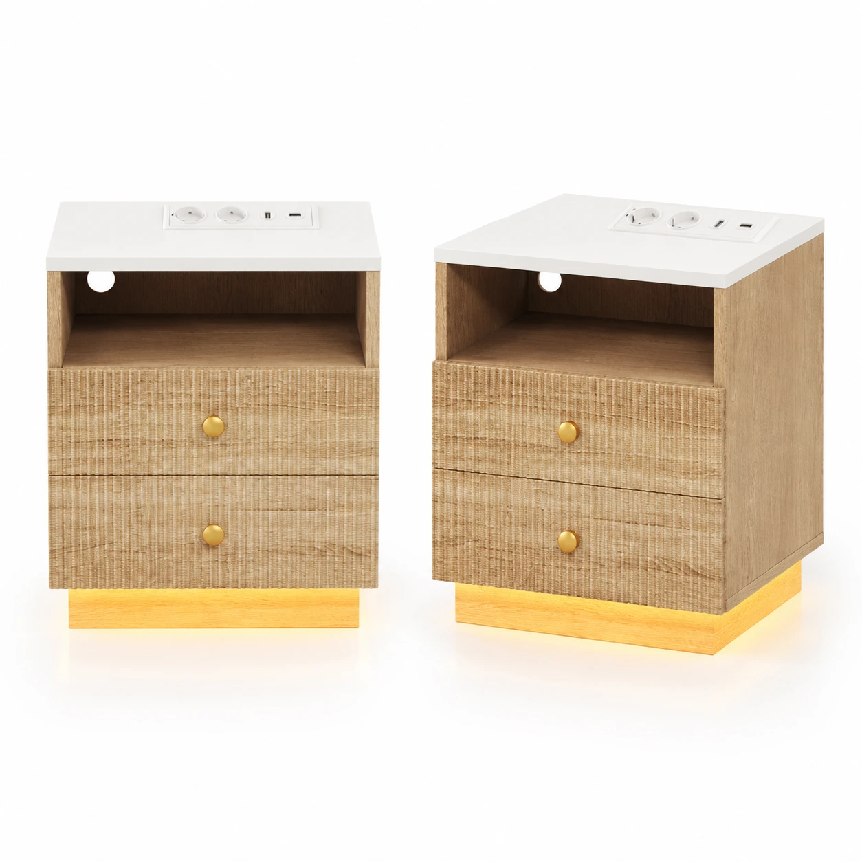 Sängbord 2-pack med ladduttag, LED och 2 lådor
