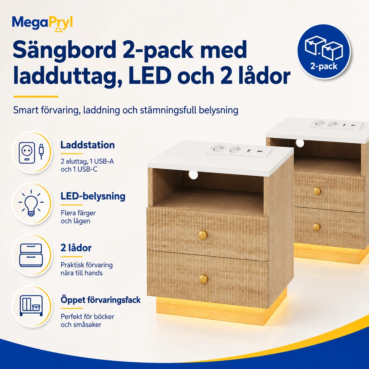 Sängbord 2-pack med ladduttag, LED och 2 lådor