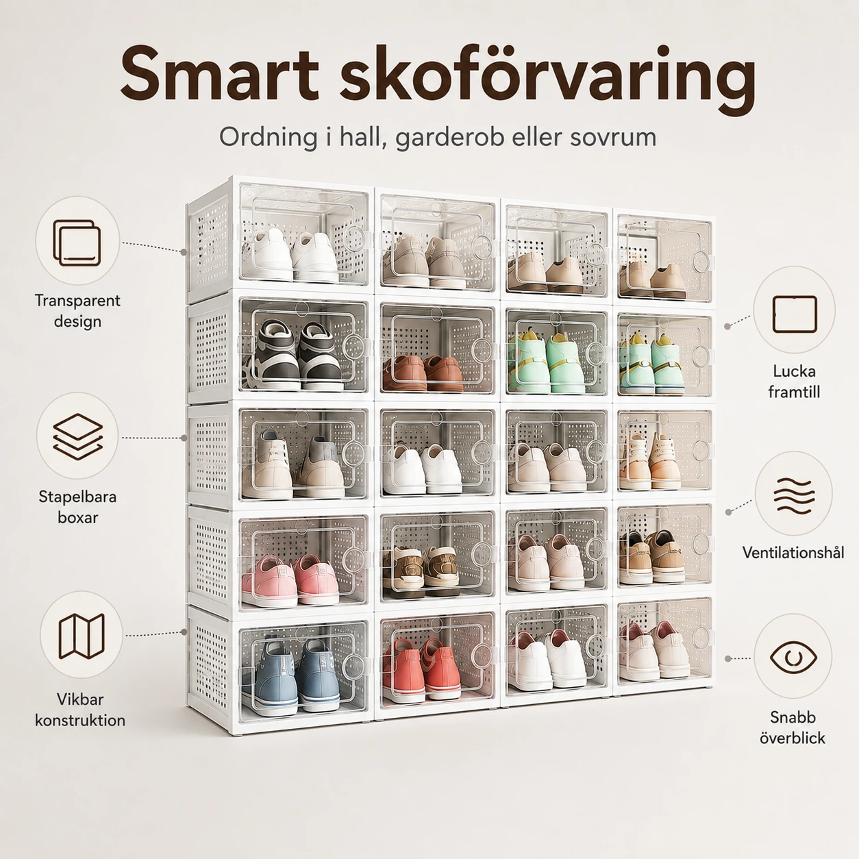 Skoboxar med lucka, stapelbara och vikbara