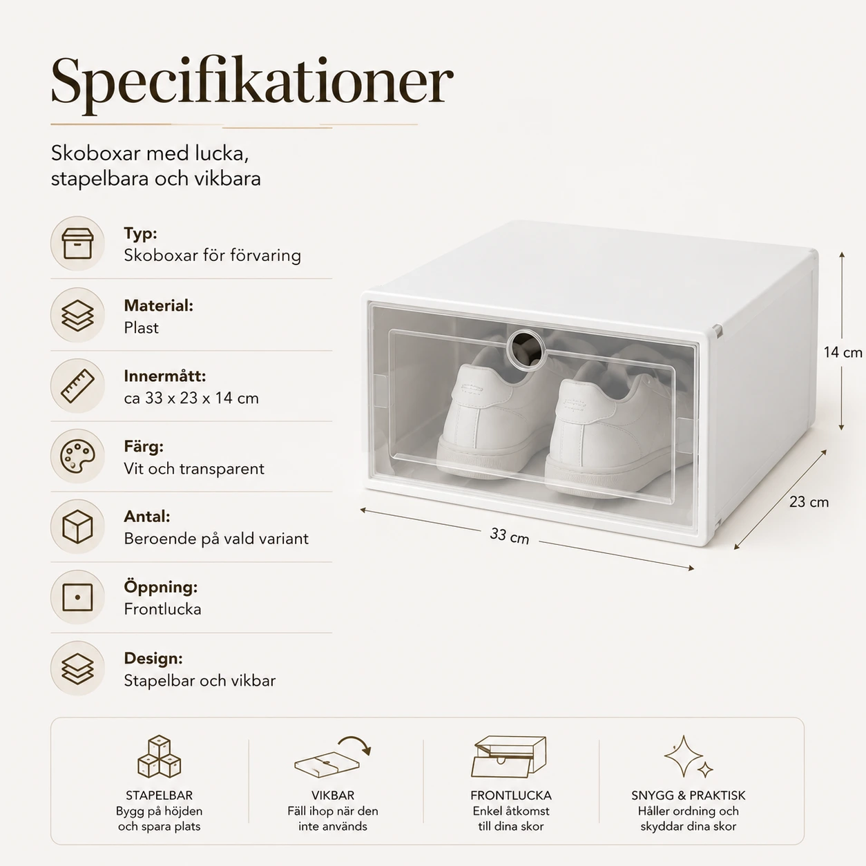 Skoboxar med lucka, stapelbara och vikbara