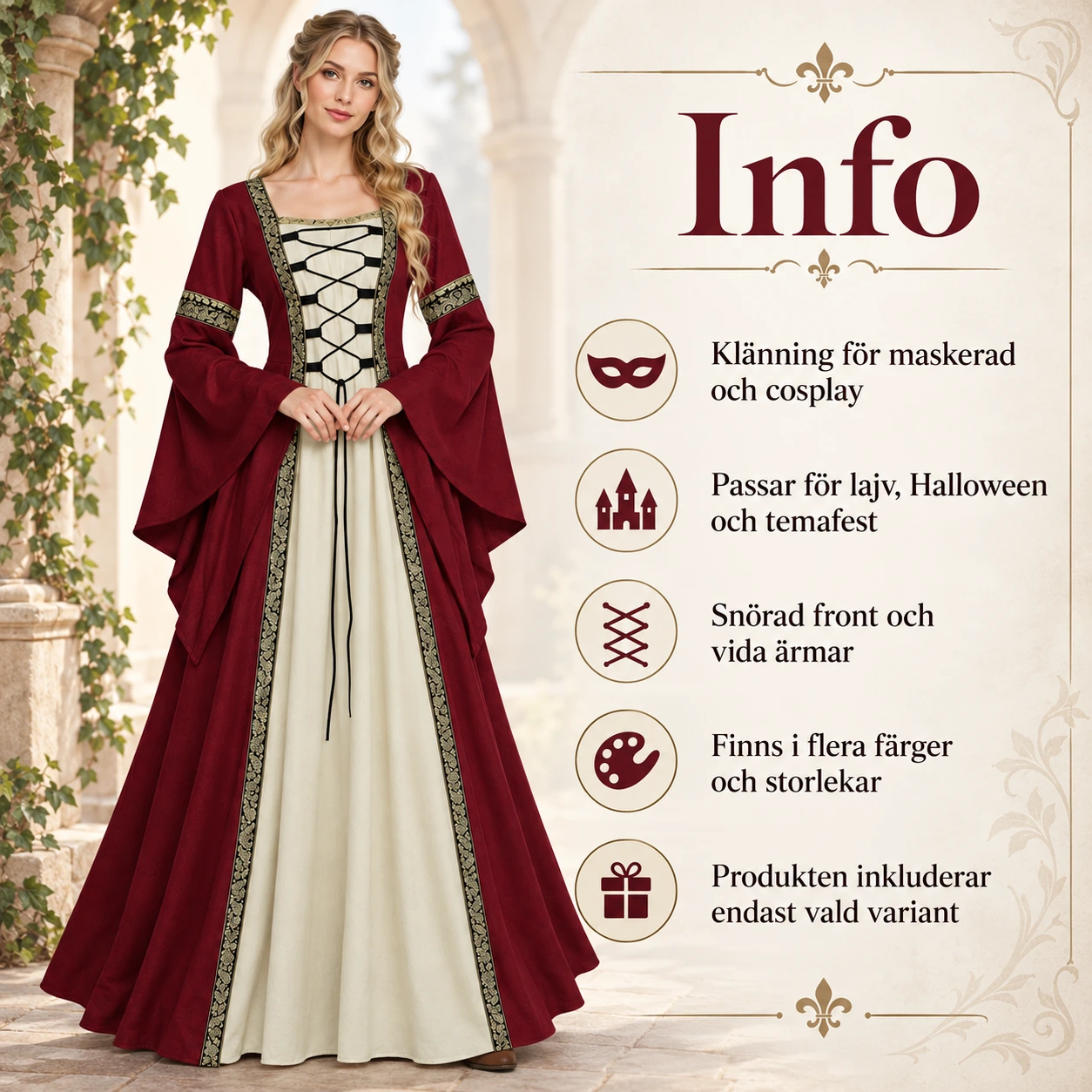 Medeltidsklänning för maskerad och cosplay