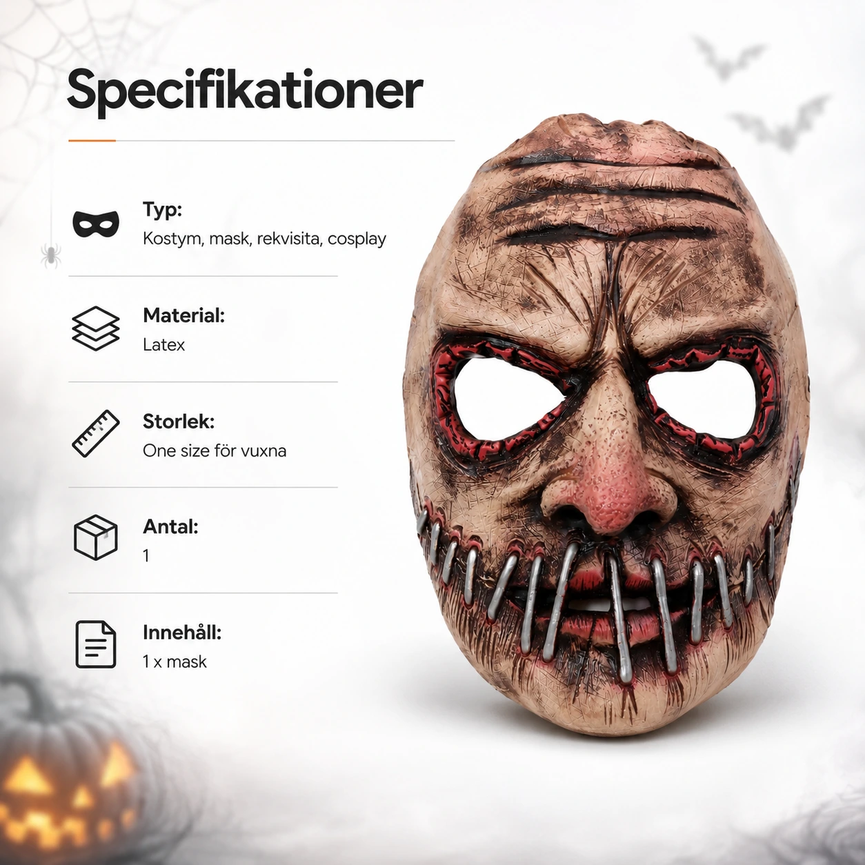 Skräckmask i latex för halloween och cosplay