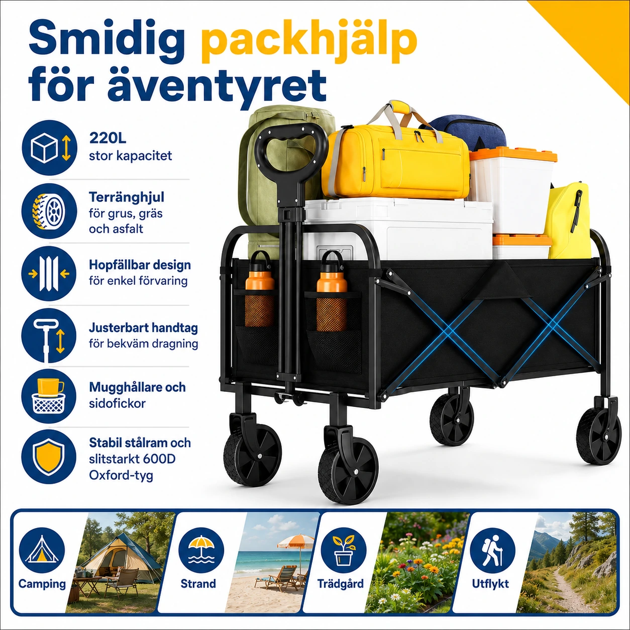 Hopfällbar Campingvagn med Hjul och Justerbart Handtag