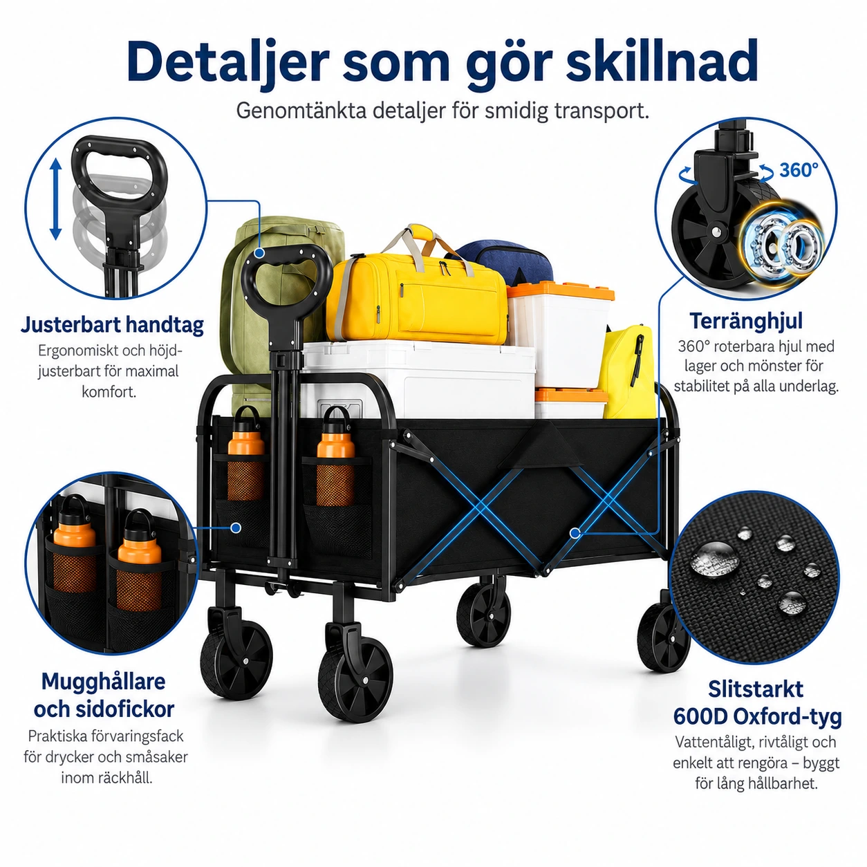 Hopfällbar Campingvagn med Hjul och Justerbart Handtag