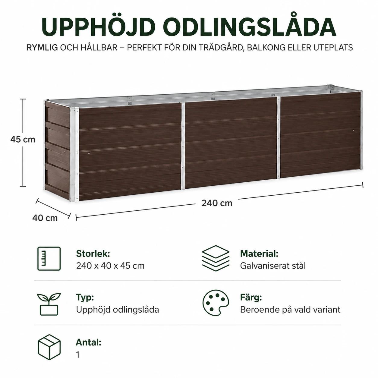 Odlingslåda i galvaniserat stål för trädgård 240 x 40 x 45 cm
