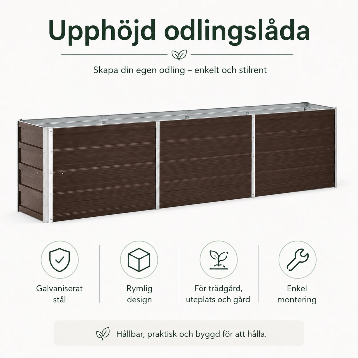 Odlingslåda i galvaniserat stål för trädgård 240 x 40 x 45 cm