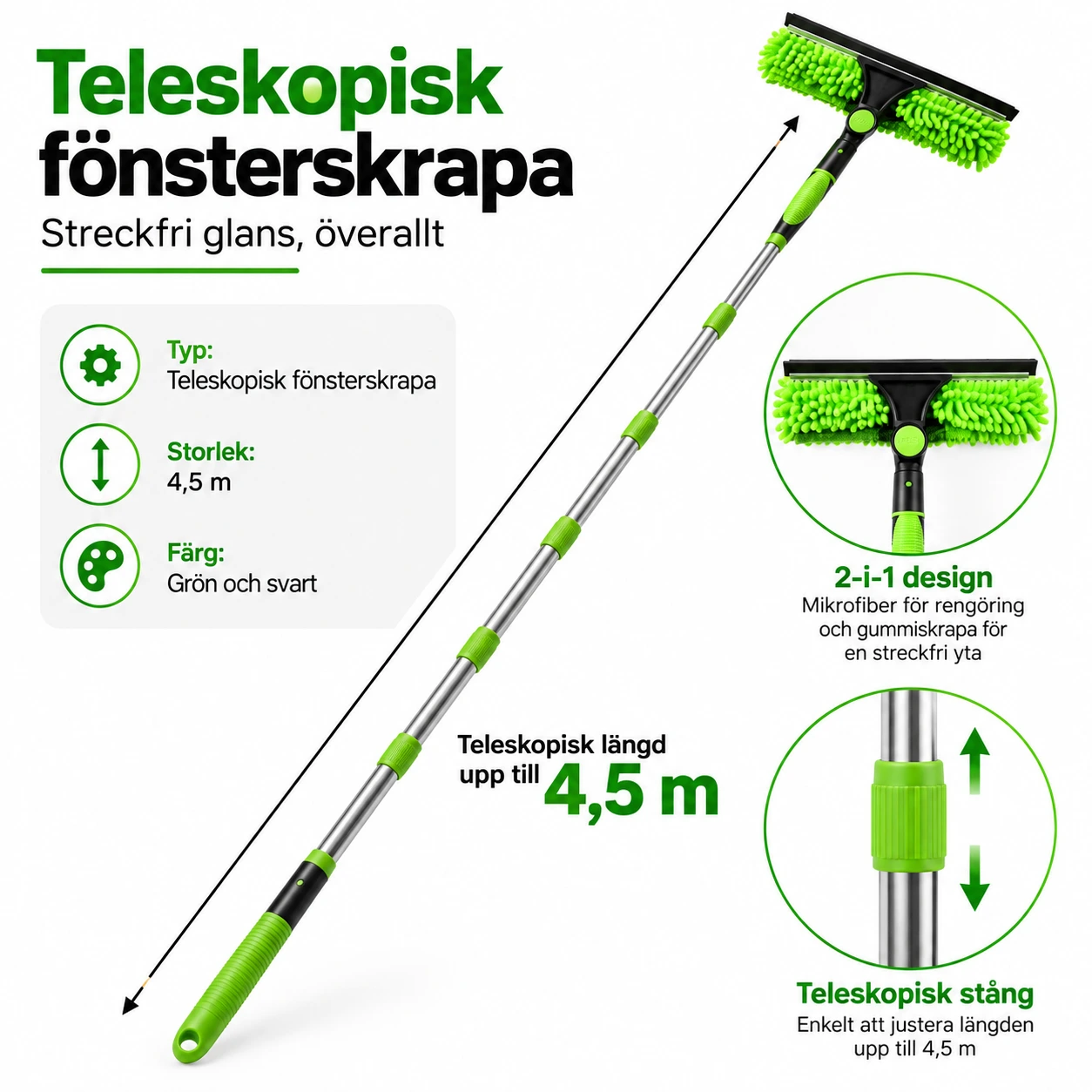 Teleskopisk fönsterskrapa med roterbart huvud
