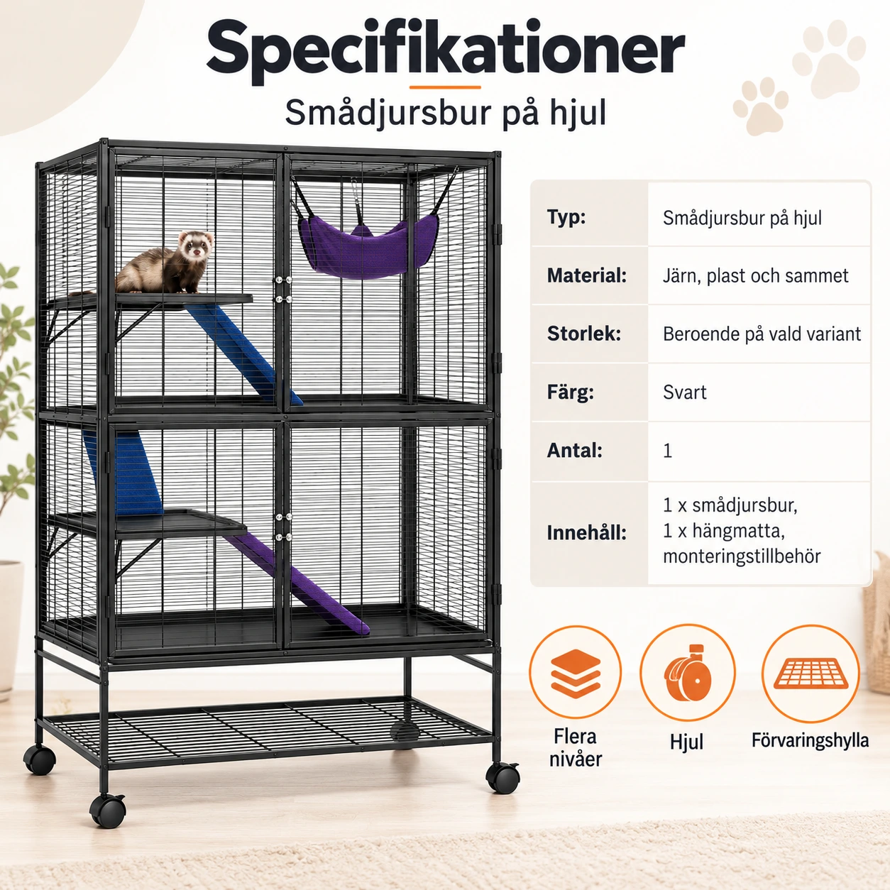 Smådjursbur på hjul med flera nivåer