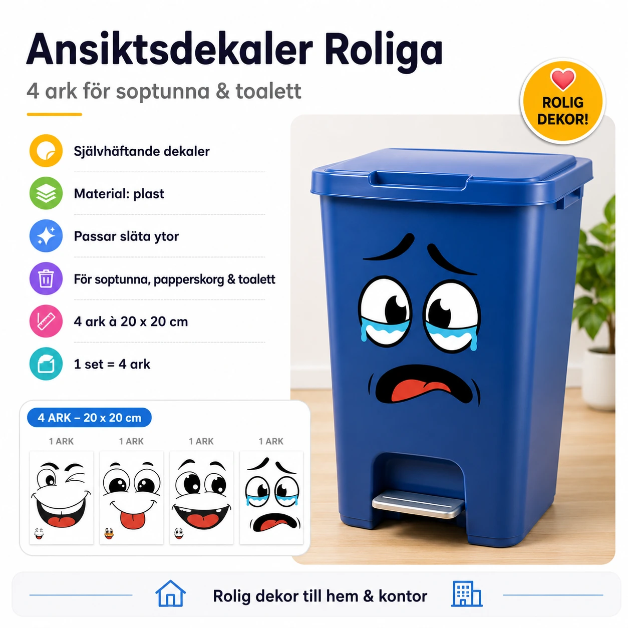 Ansiktsdekaler Roliga – 4 Ark för Soptunna & Toalett