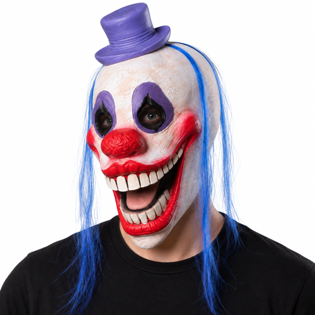 Klovnemaske i lateks med blått hår