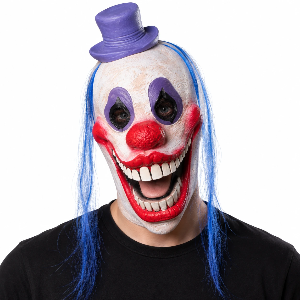 Klovnemaske i lateks med blått hår