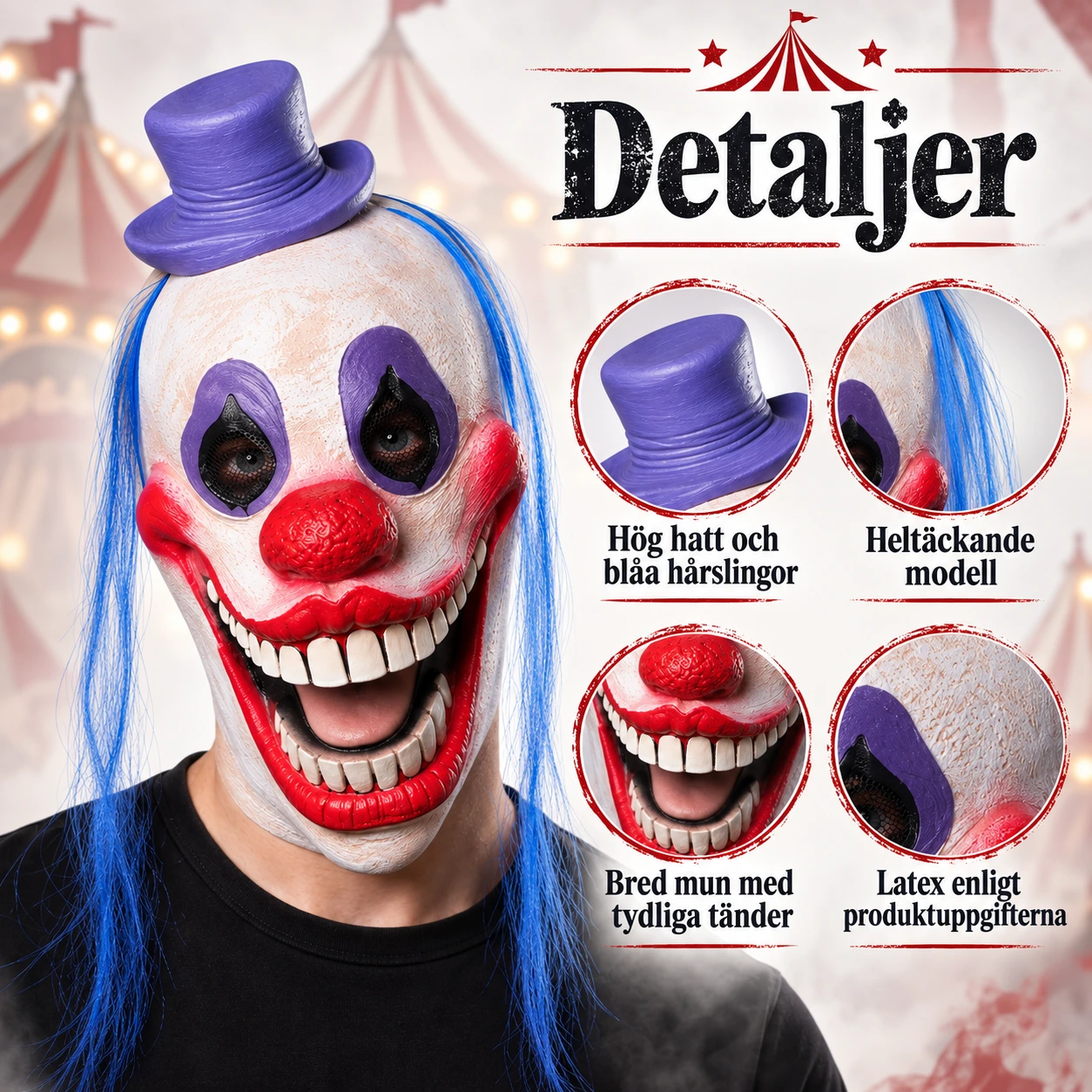 Klovnemaske i lateks med blått hår