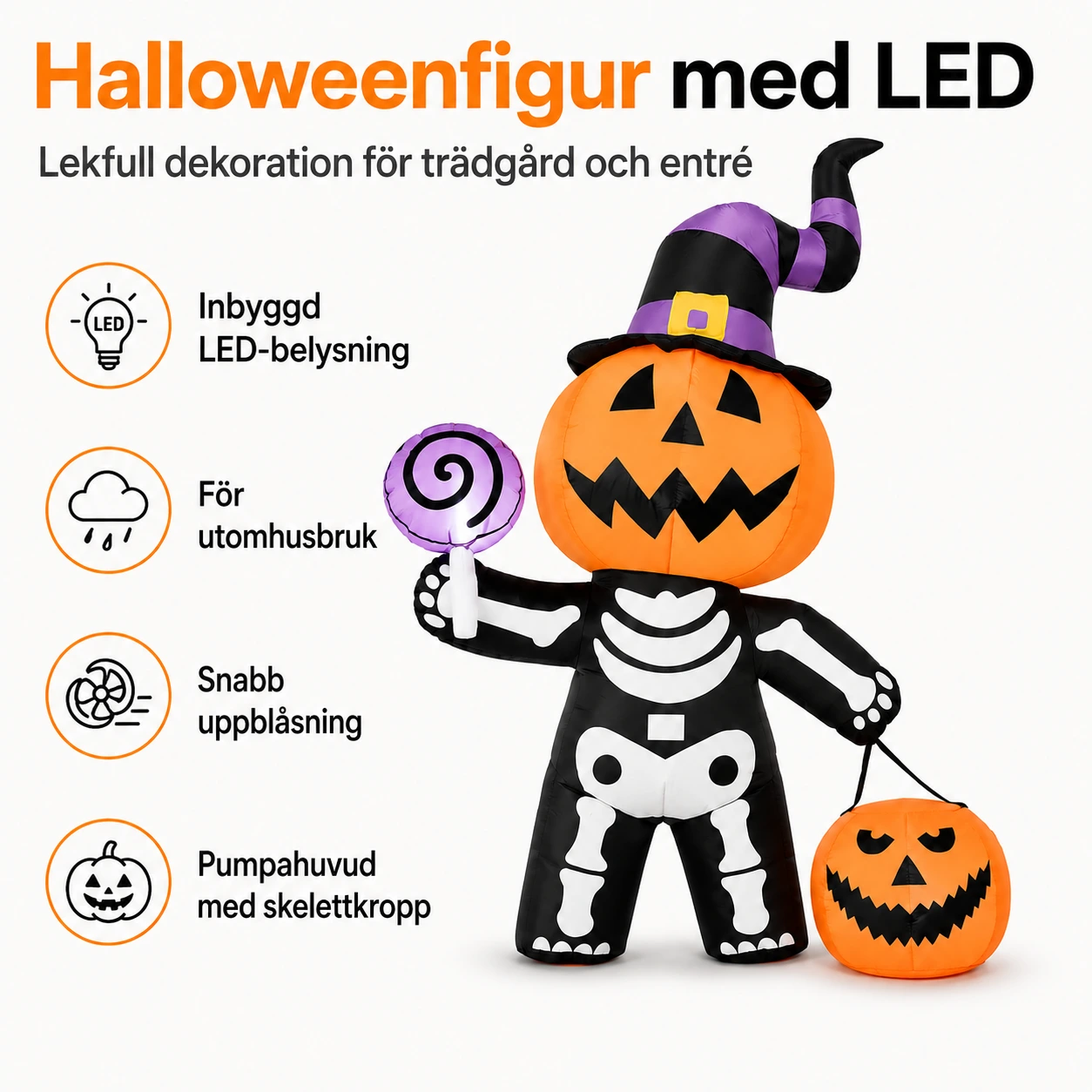 Uppblåsbar halloweenfigur för trädgård med LED-belysning