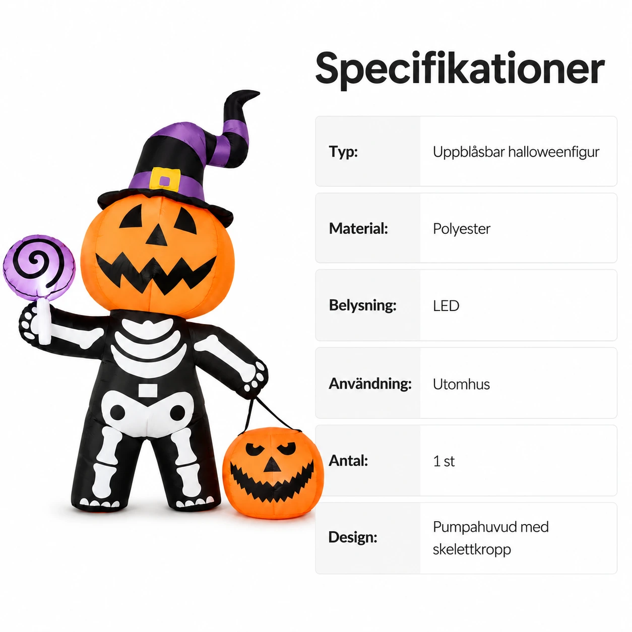 Uppblåsbar halloweenfigur för trädgård med LED-belysning