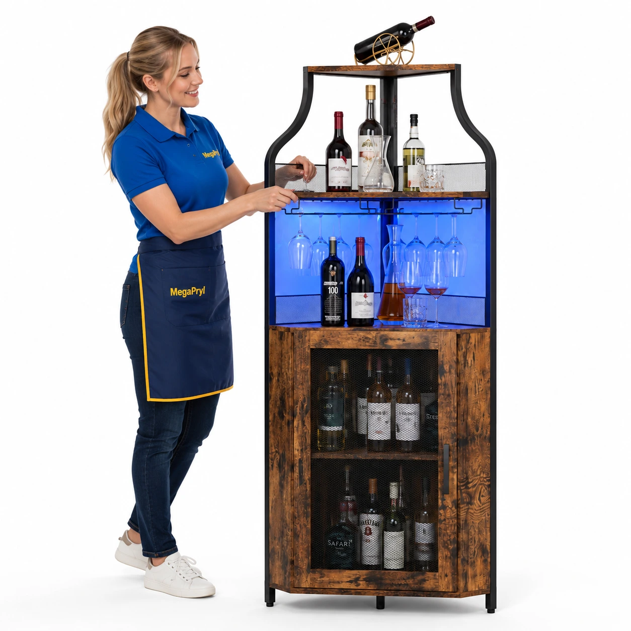 Hörnskåp för vin och glas med LED-belysning