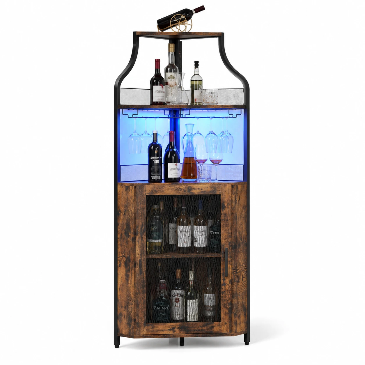 Hörnskåp för vin och glas med LED-belysning