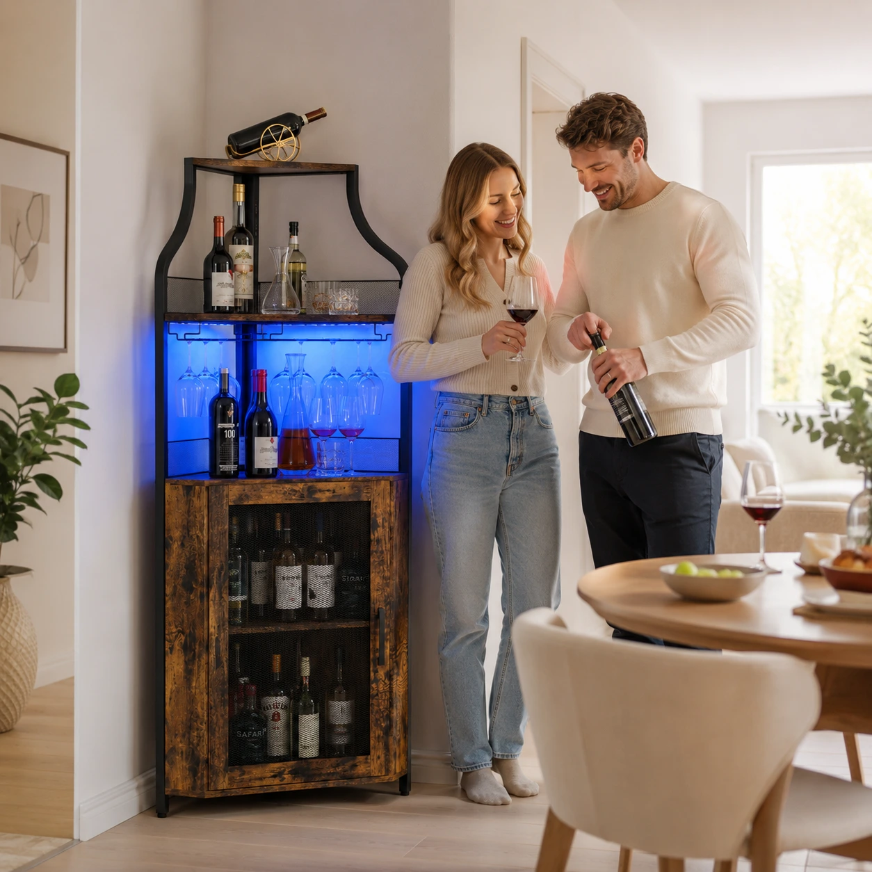 Hörnskåp för vin och glas med LED-belysning