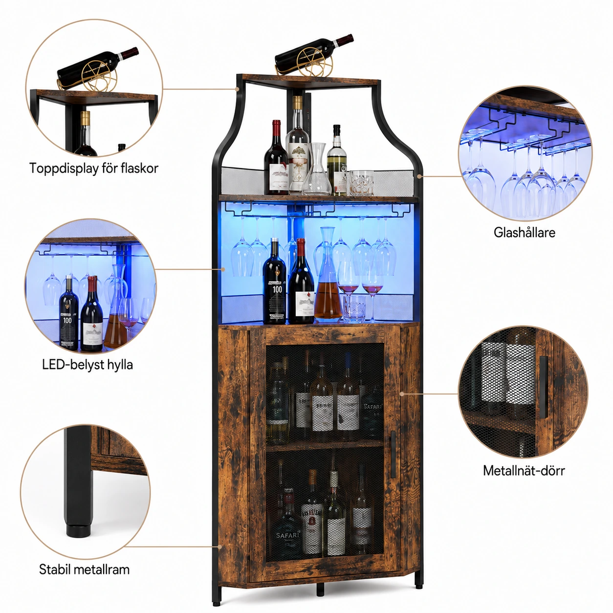 Hörnskåp för vin och glas med LED-belysning