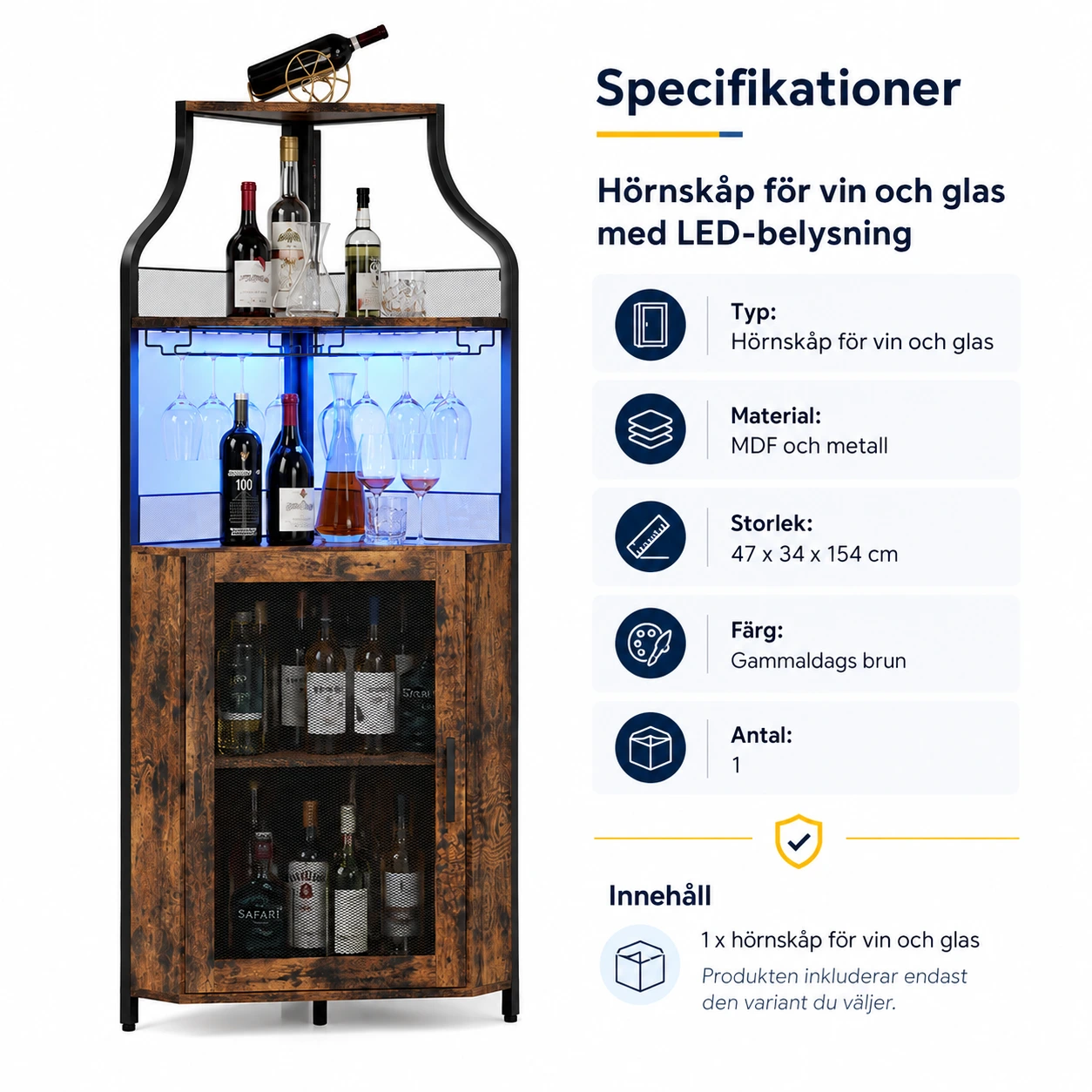Hörnskåp för vin och glas med LED-belysning