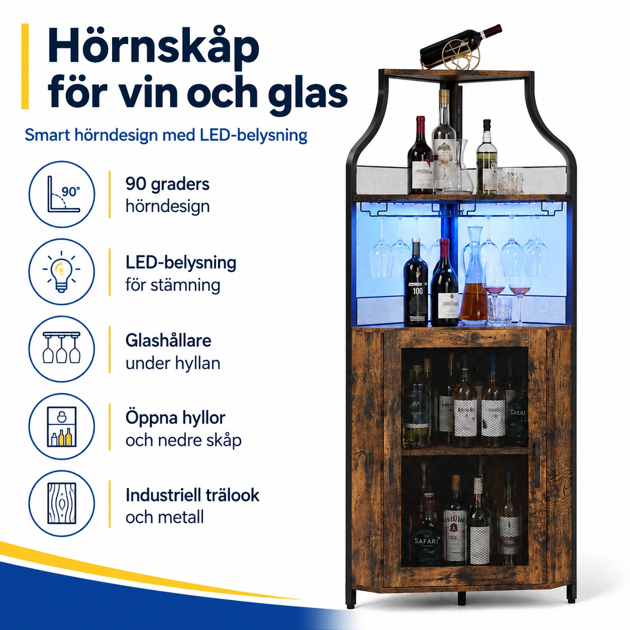 Hörnskåp för vin och glas med LED-belysning