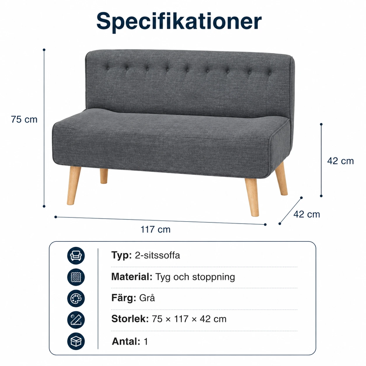 Liten 2-sitssoffa för små utrymmen i grått tyg
